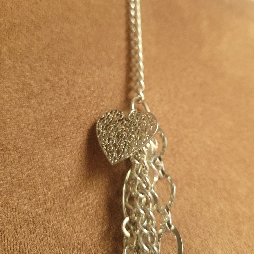 Silver Tone 5 Strand Layered Charm Necklace Cross Heart Key One Size Grunge - Picture 3 of 5